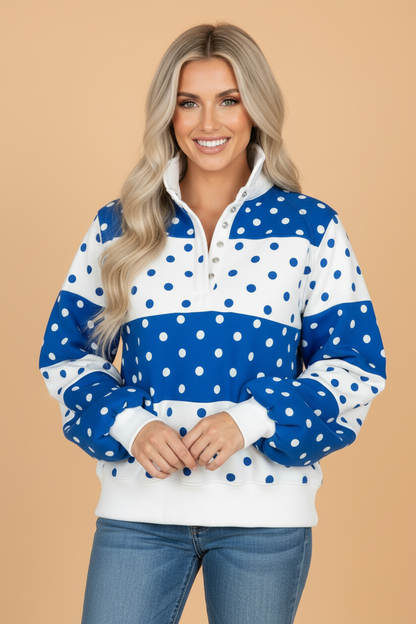 PRETTY BASH Polka Dot Colorblock Half Button Puff Sleeve Sweatshirt