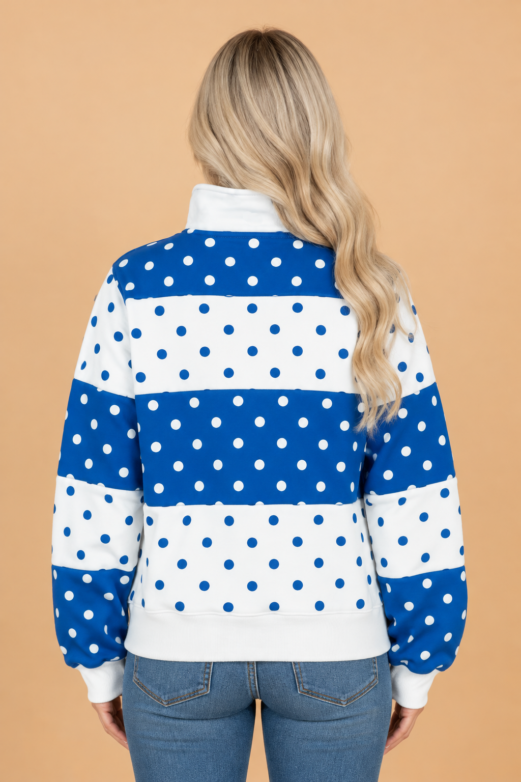 PRETTY BASH Polka Dot Colorblock Half Button Puff Sleeve Sweatshirt