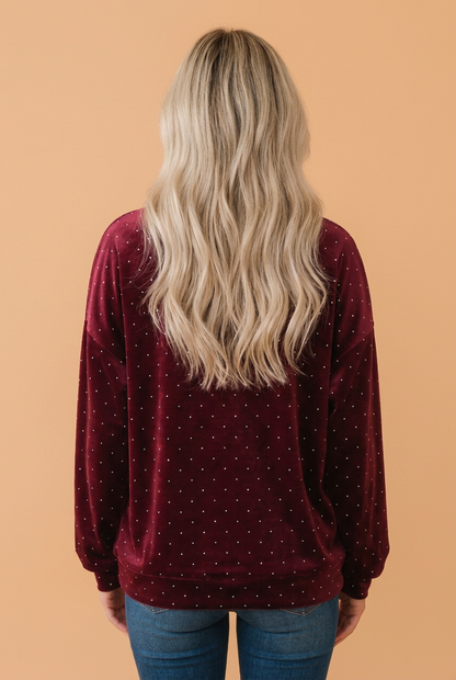 PRETTY BASH Polka Dot Velvet Mock Neck Tunic Sweatshirt