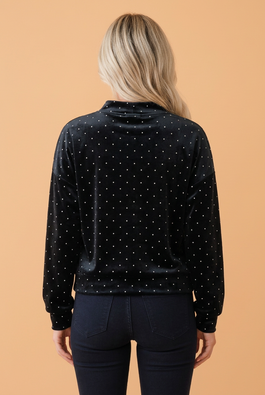 PRETTY BASH Polka Dot Velvet Mock Neck Tunic Sweatshirt