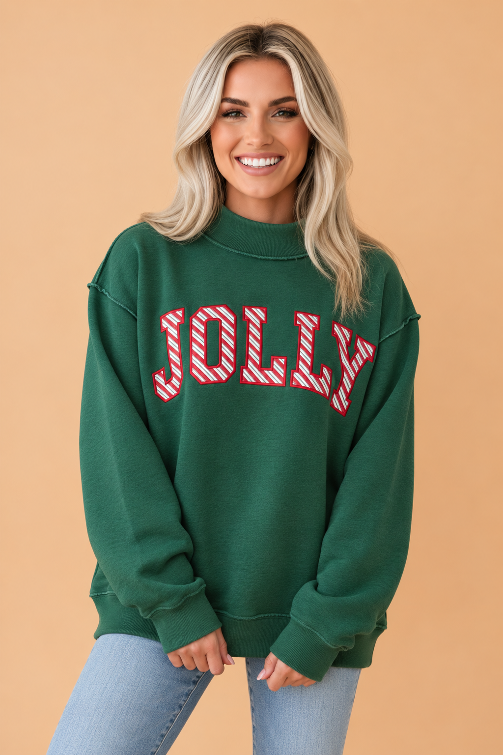 PRETTY BASH Christmas MERRY/JOLLY Embroidered Mock Neck Sweatshirt