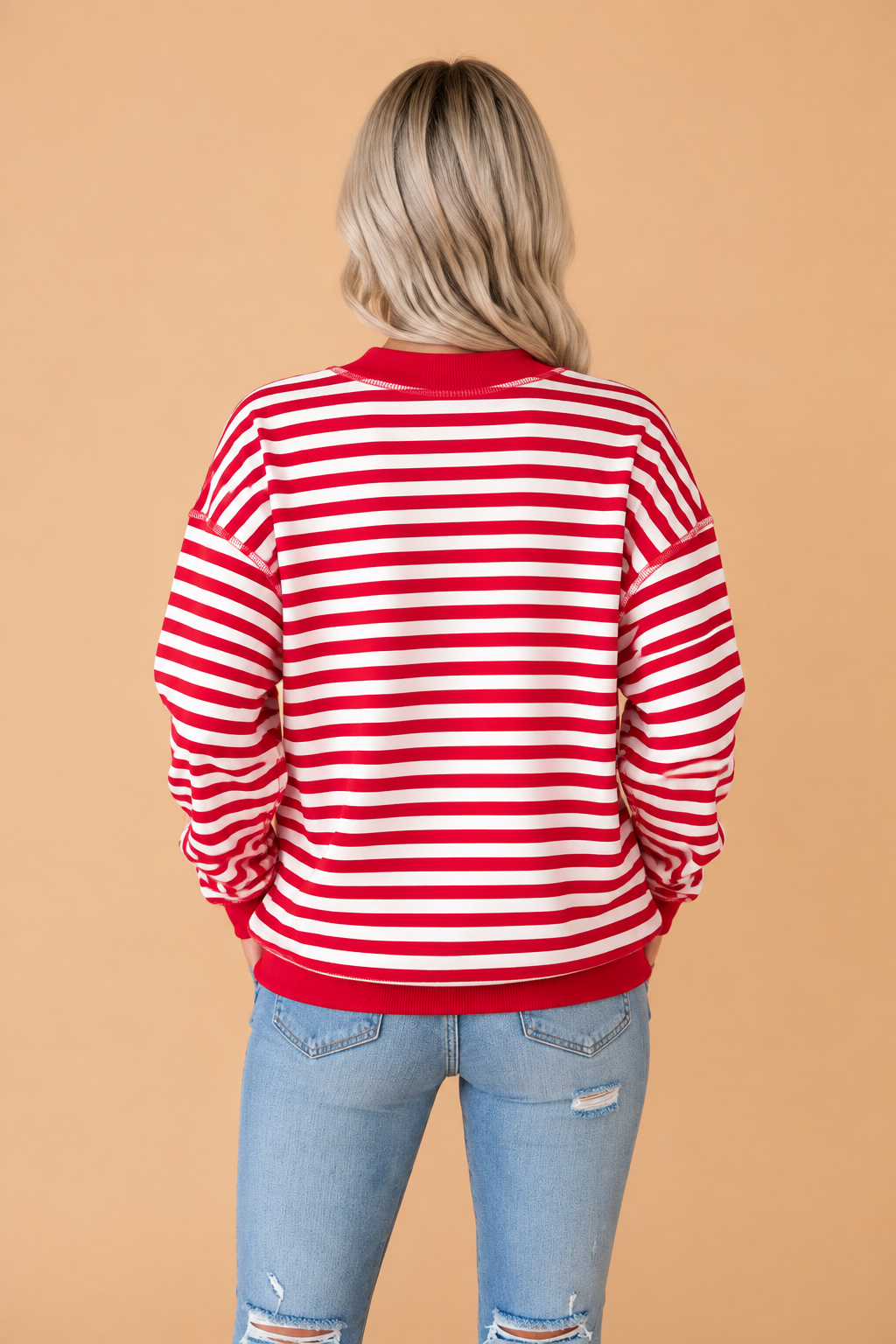 PRETTY BASH Christmas Letter Print Stripe Mock Neck Sweatshirt