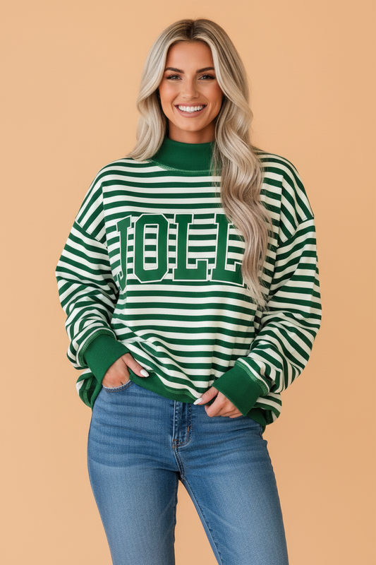 PRETTY BASH Christmas Letter Print Stripe Mock Neck Sweatshirt