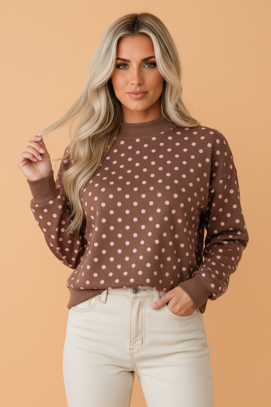 PRETTY BASH Polka Dot Mock Neck Drop Shoulder Sweatshirt