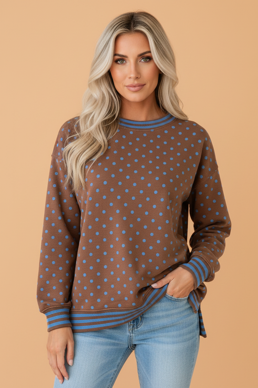 PRETTY BASH Polka Dot Stripe Trim Split Hem Sweatshirt