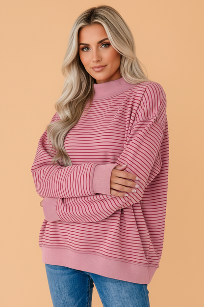 PRETTY BASH Stripe Ribbed Mock Neck Oversized Sweatshirt