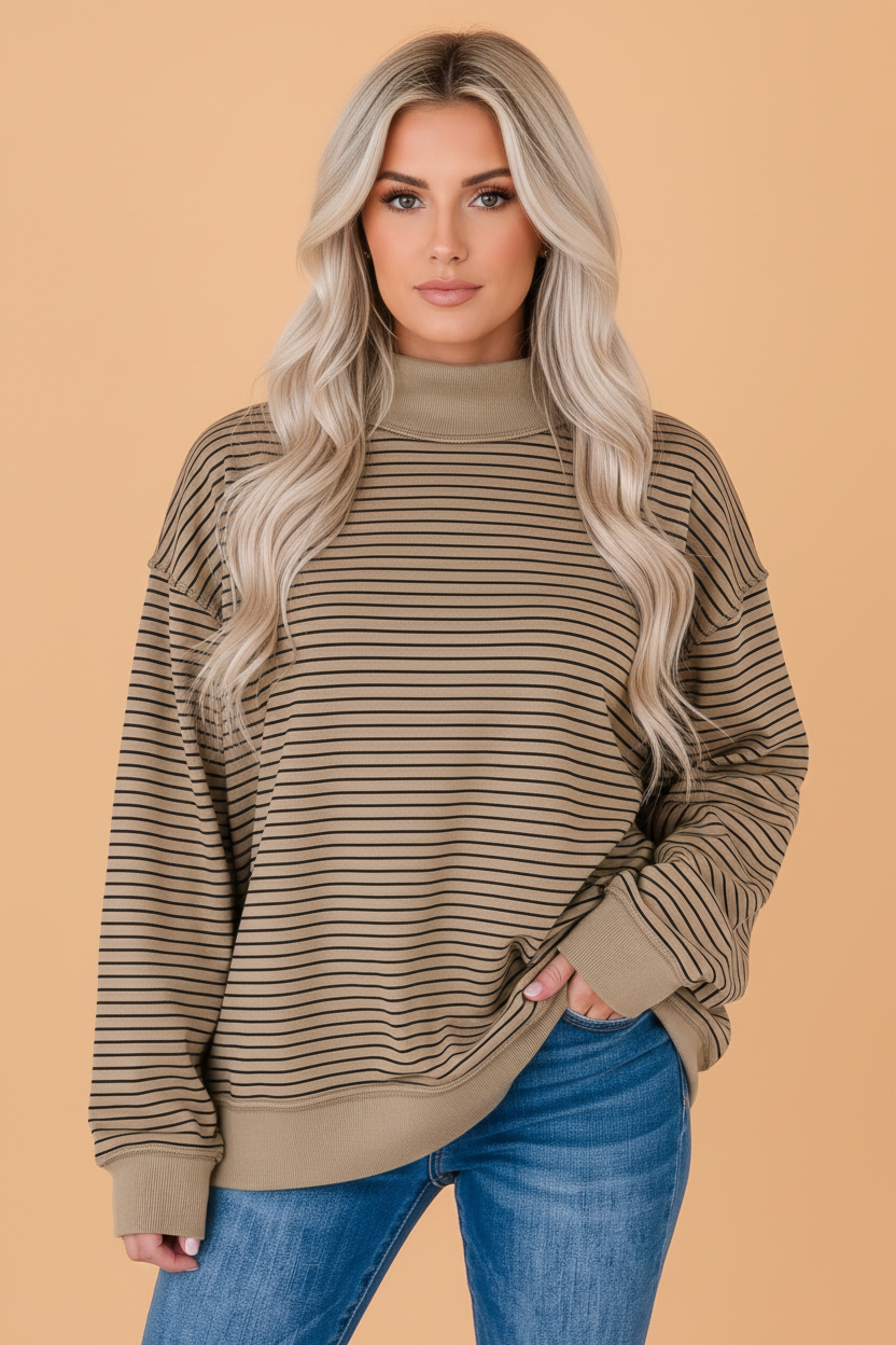 PRETTY BASH Stripe Ribbed Mock Neck Oversized Sweatshirt