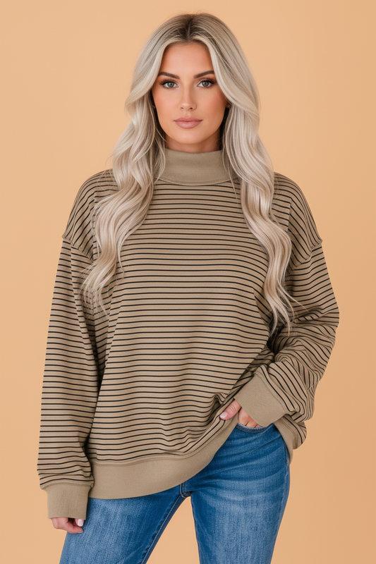 PRETTY BASH Stripe Ribbed Mock Neck Oversized Sweatshirt
