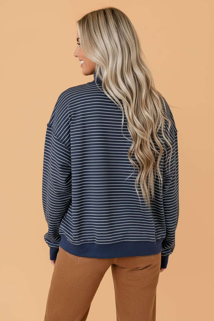 PRETTY BASH Stripe Ribbed Mock Neck Oversized Sweatshirt