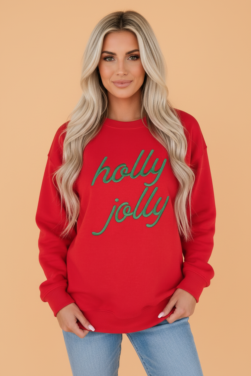PRETTY BASH Christmas Holly Jolly Embroidered Letter Sweatshirt