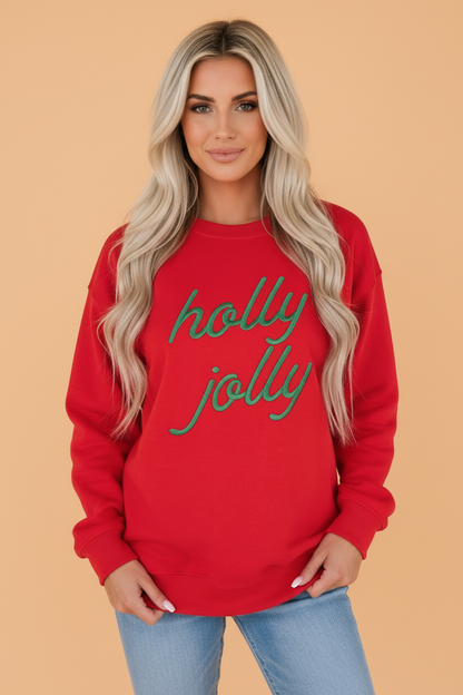 PRETTY BASH Christmas Holly Jolly Embroidered Letter Sweatshirt