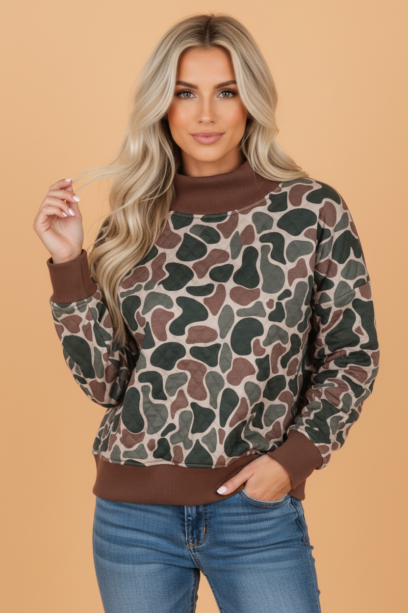 PRETTY BASH Camo Contrast Ribbed Mock Neck Quilted Sweatshirt