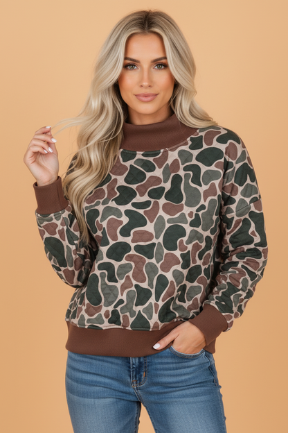 PRETTY BASH Camo Contrast Ribbed Mock Neck Quilted Sweatshirt