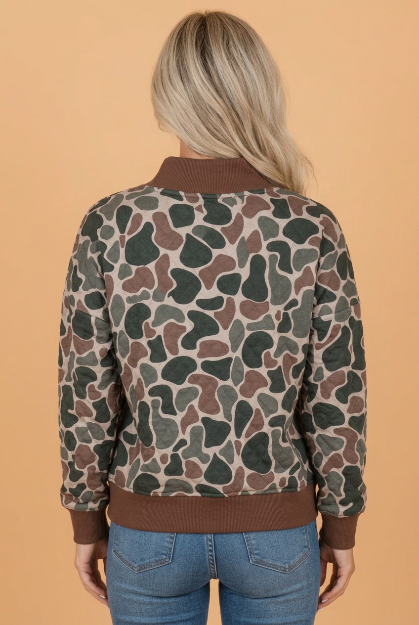 PRETTY BASH Camo Contrast Ribbed Mock Neck Quilted Sweatshirt