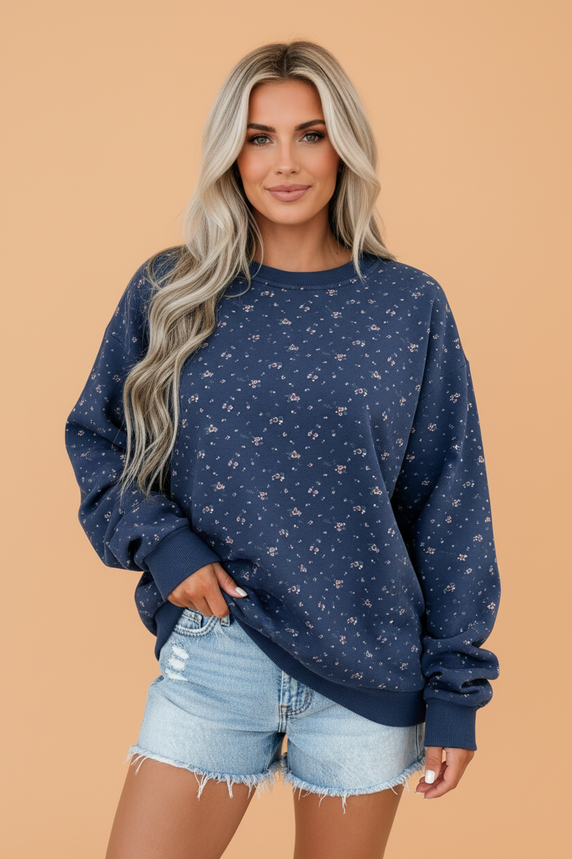 PRETTY BASH Floral Round Neck Drop Shoulder Oversize Sweatshirt