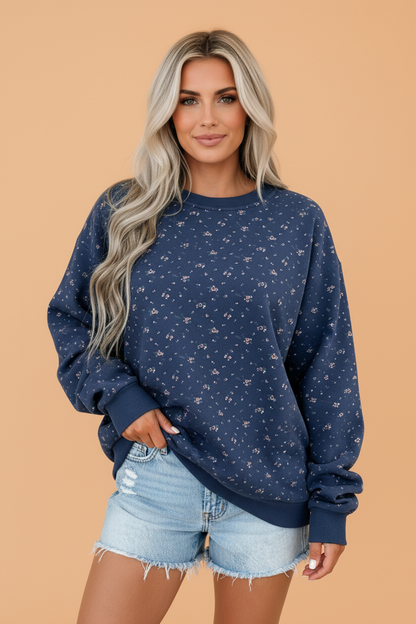 PRETTY BASH Floral Round Neck Drop Shoulder Oversize Sweatshirt