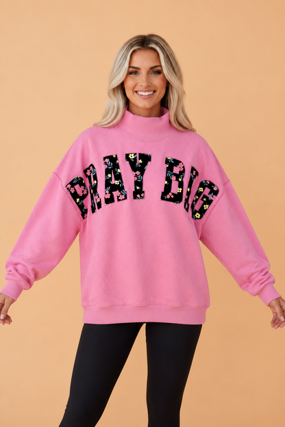 PRETTY BASH PRAY BIG Embroidered Floral Patch Mock Neck Sweatshirt