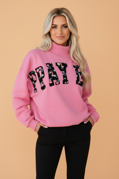 PRETTY BASH PRAY BIG Embroidered Floral Patch Mock Neck Sweatshirt