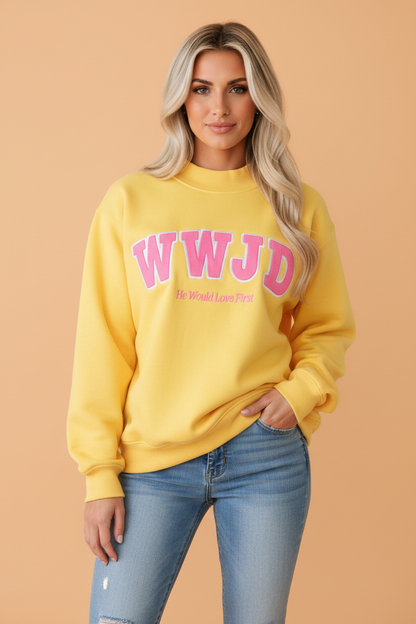 PRETTY BASH WWJD Embroidered Letter Print Mock Neck Sweatshirt