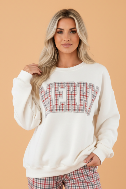 PRETTY BASH Christmas MERRY Plaid Embroidered Letter Print Sweatshirt