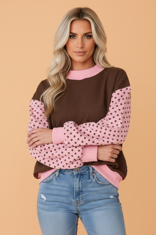 PRETTY BASH Polka Dot Colorblock Mock Neck Puff Sleeve Sweatshirt