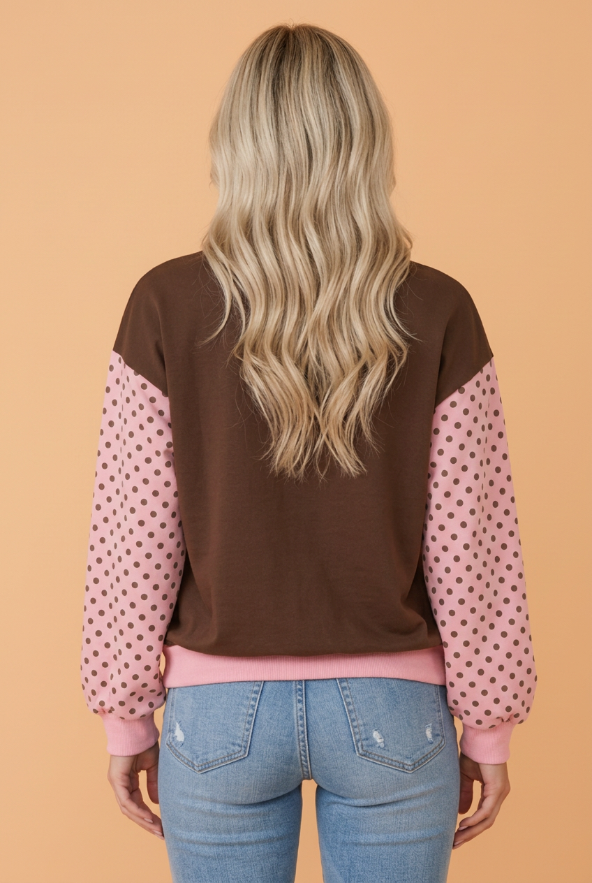 PRETTY BASH Polka Dot Colorblock Mock Neck Puff Sleeve Sweatshirt