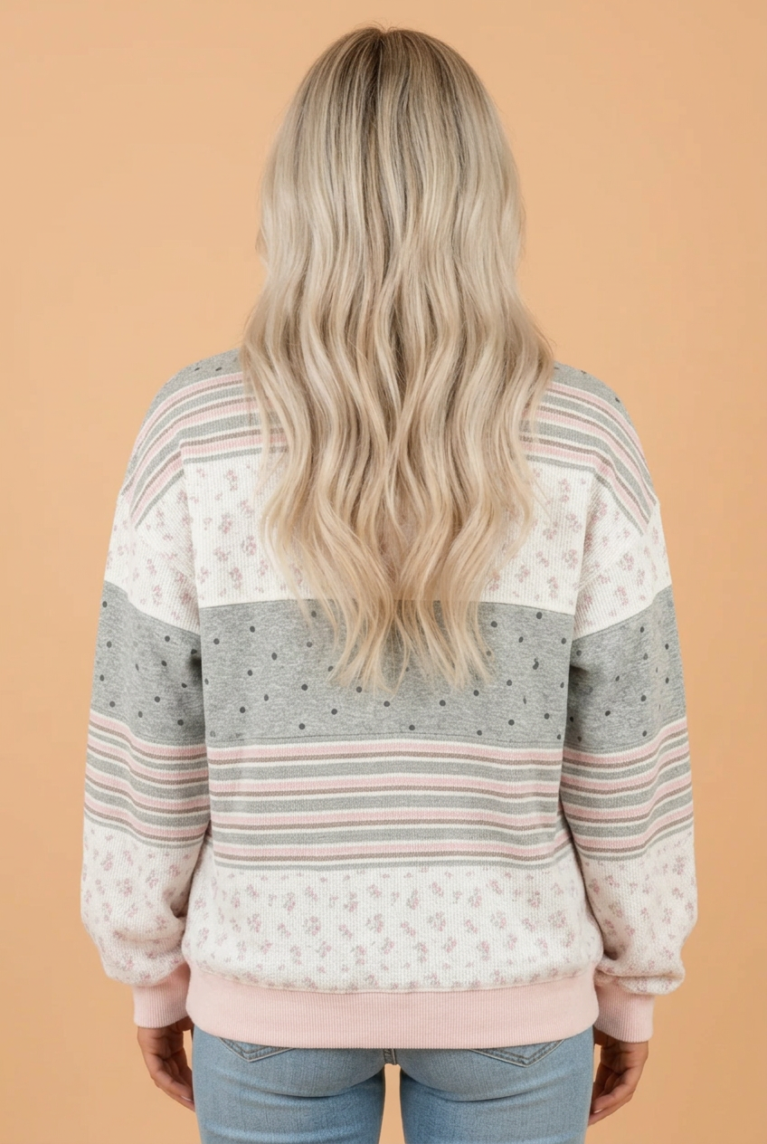 PRETTY BASH Floral Stripe Polka Dot Knit Patchwork Sweatshirt
