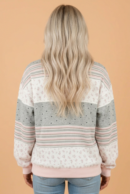 PRETTY BASH Floral Stripe Polka Dot Knit Patchwork Sweatshirt