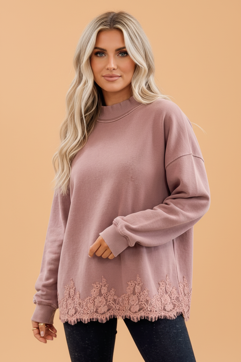 PRETTY BASH Solid Lace Hem Mock Neck Sweatshirt