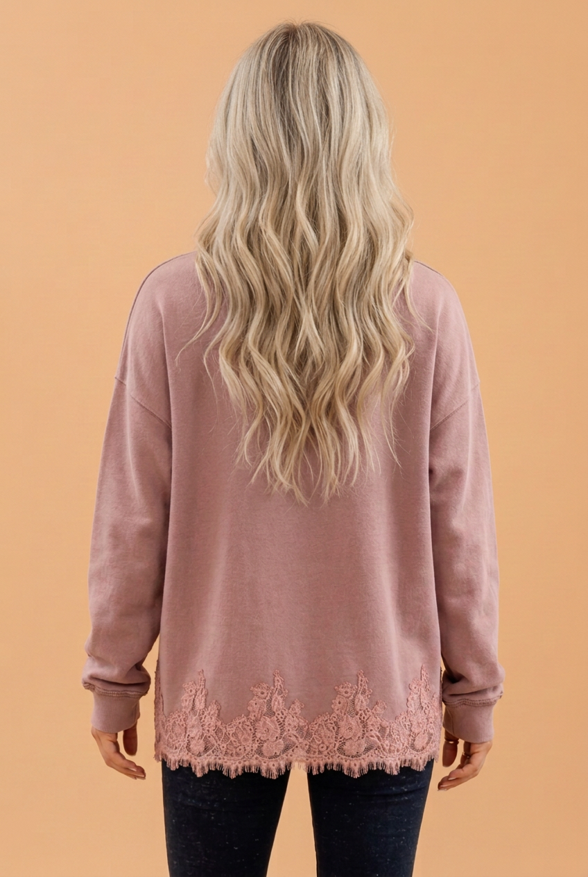 PRETTY BASH Solid Lace Hem Mock Neck Sweatshirt