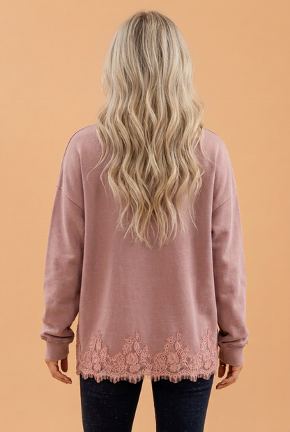 PRETTY BASH Solid Lace Hem Mock Neck Sweatshirt