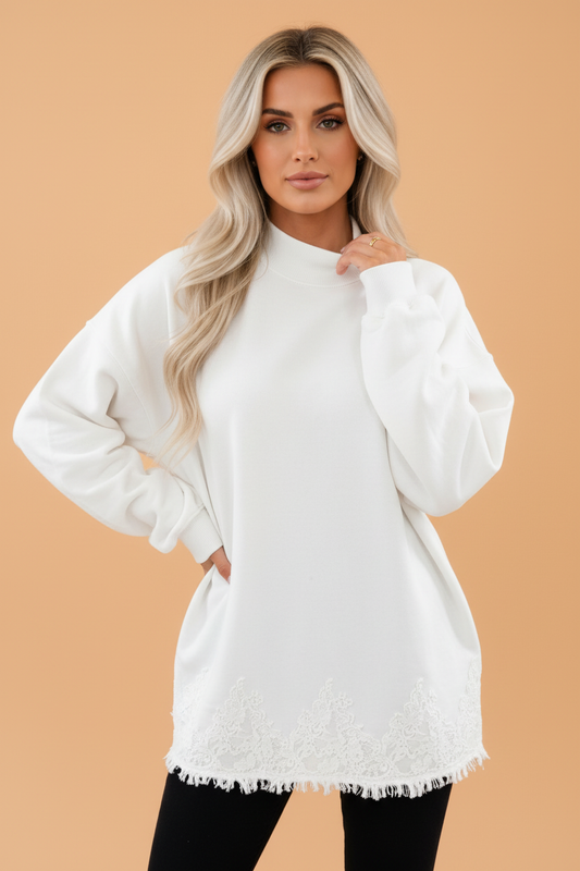 PRETTY BASH Solid Lace Hem Mock Neck Sweatshirt