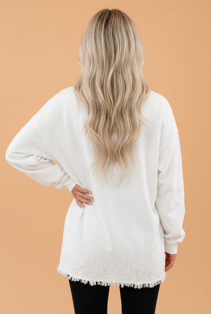 PRETTY BASH Solid Lace Hem Mock Neck Sweatshirt