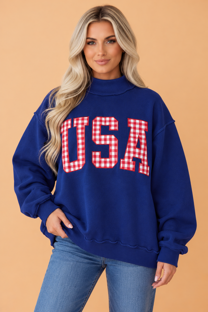 PRETTY BASH USA Gingham Exposed Seam Mock Neck Sweatshirt