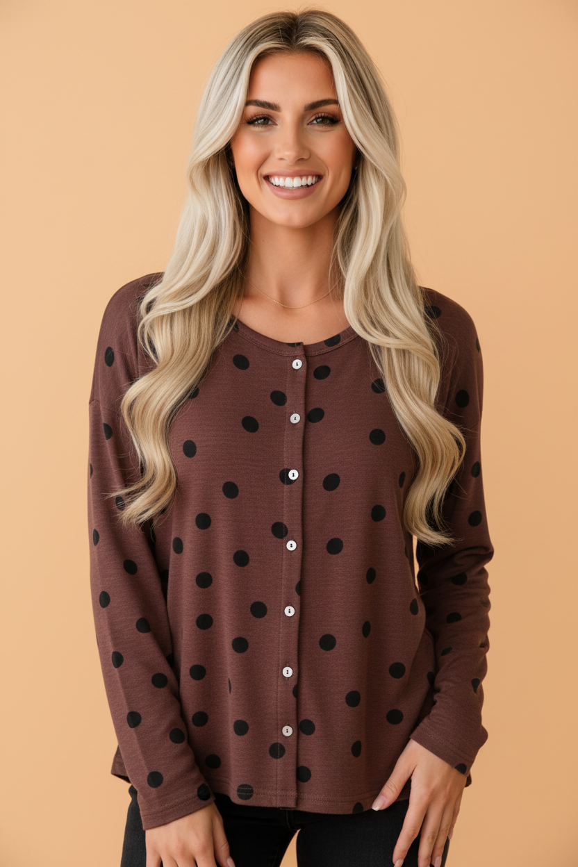 Polka Dot Button Front Long Sleeve Shirt