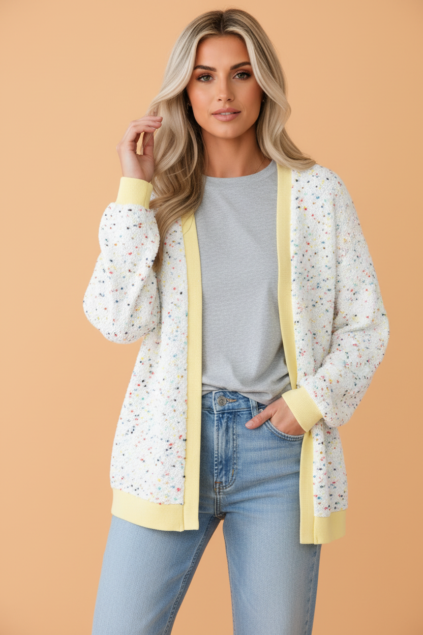 PRETTY BASH Colorblock Ribbed Trim Confetti Knit Open Cardigan