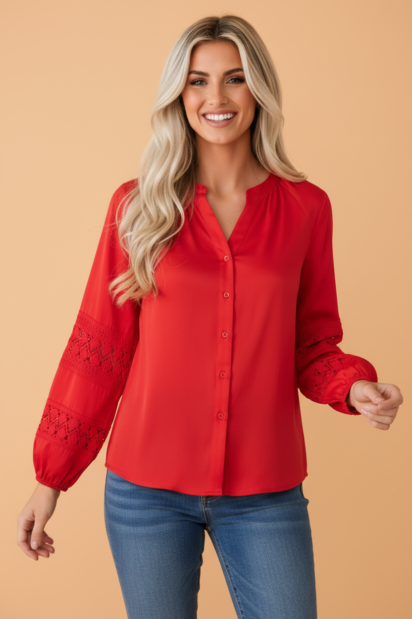PRETTY BASH Solid Lace Patchwork Long Sleeve Buttoned Shirt