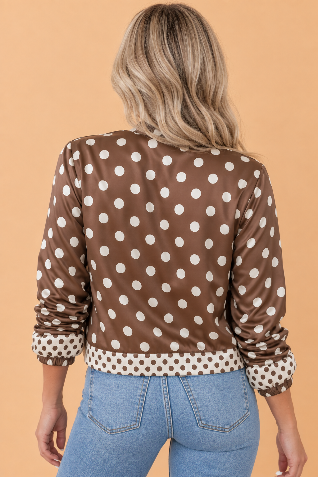 Polka Dot Drawstring Waist Zip Up Shacket