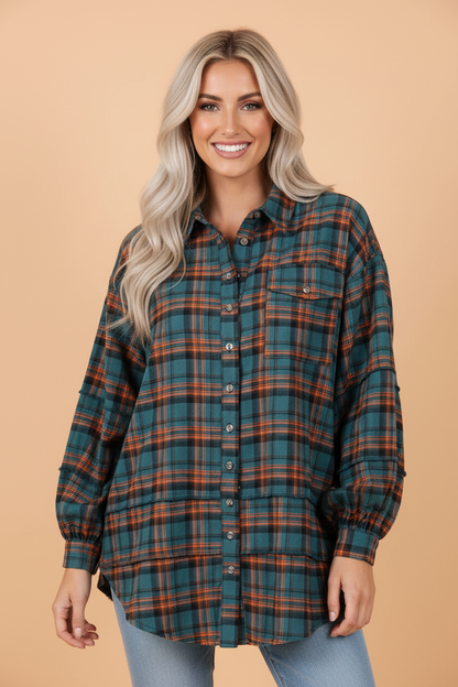Plaid Button-Up Distressed Hem Long Sleeve Shirt