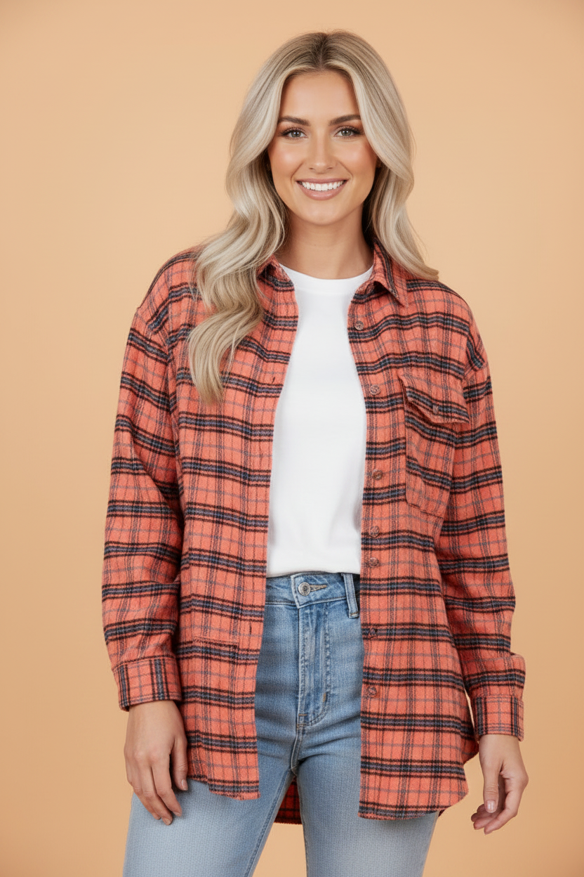 Plaid Button-Up Distressed Hem Long Sleeve Shirt