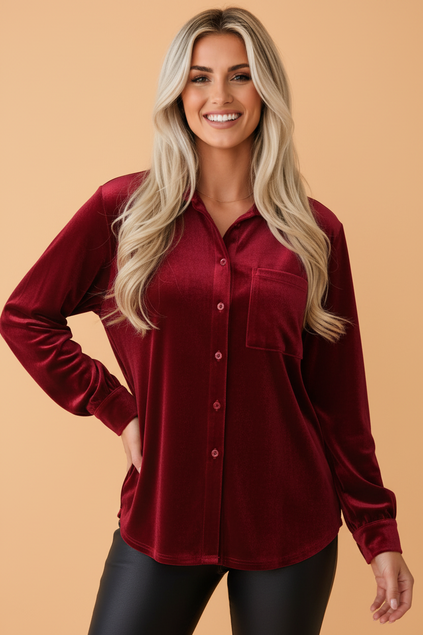 PRETTY BASH Solid Velvet Patch Pocket Button Down Loose Shirt