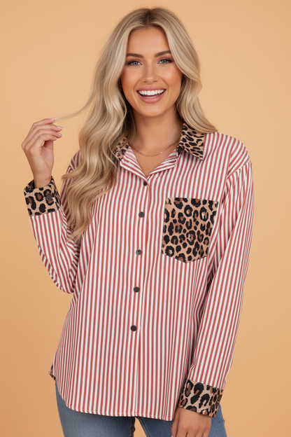 Stripe Leopard Patchwork Long Sleeve Buttoned Shirt