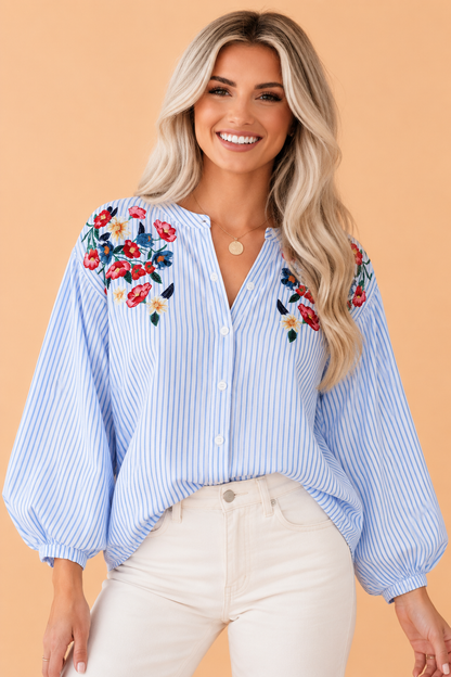 Floral Embroidered Stripe Billowy Sleeve Tunic Shirt