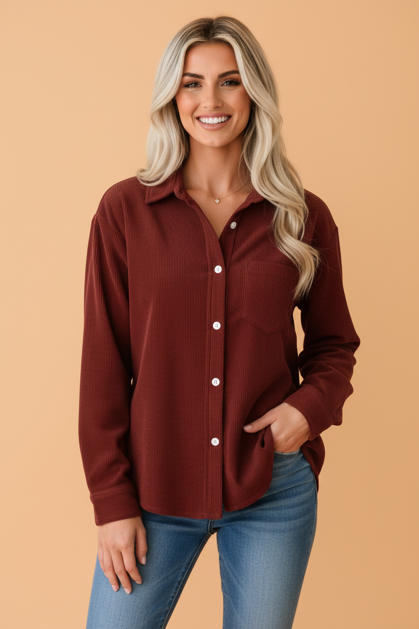 PRETTY BASH Solid Corduroy Cuff Long Sleeve Shirt