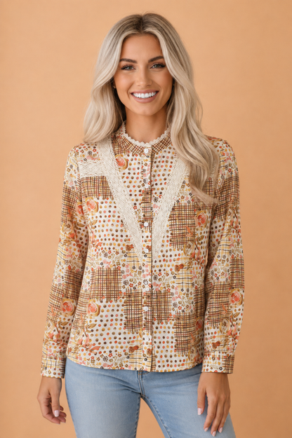 Floral Lace Trim Button Down Long Sleeve Shirt