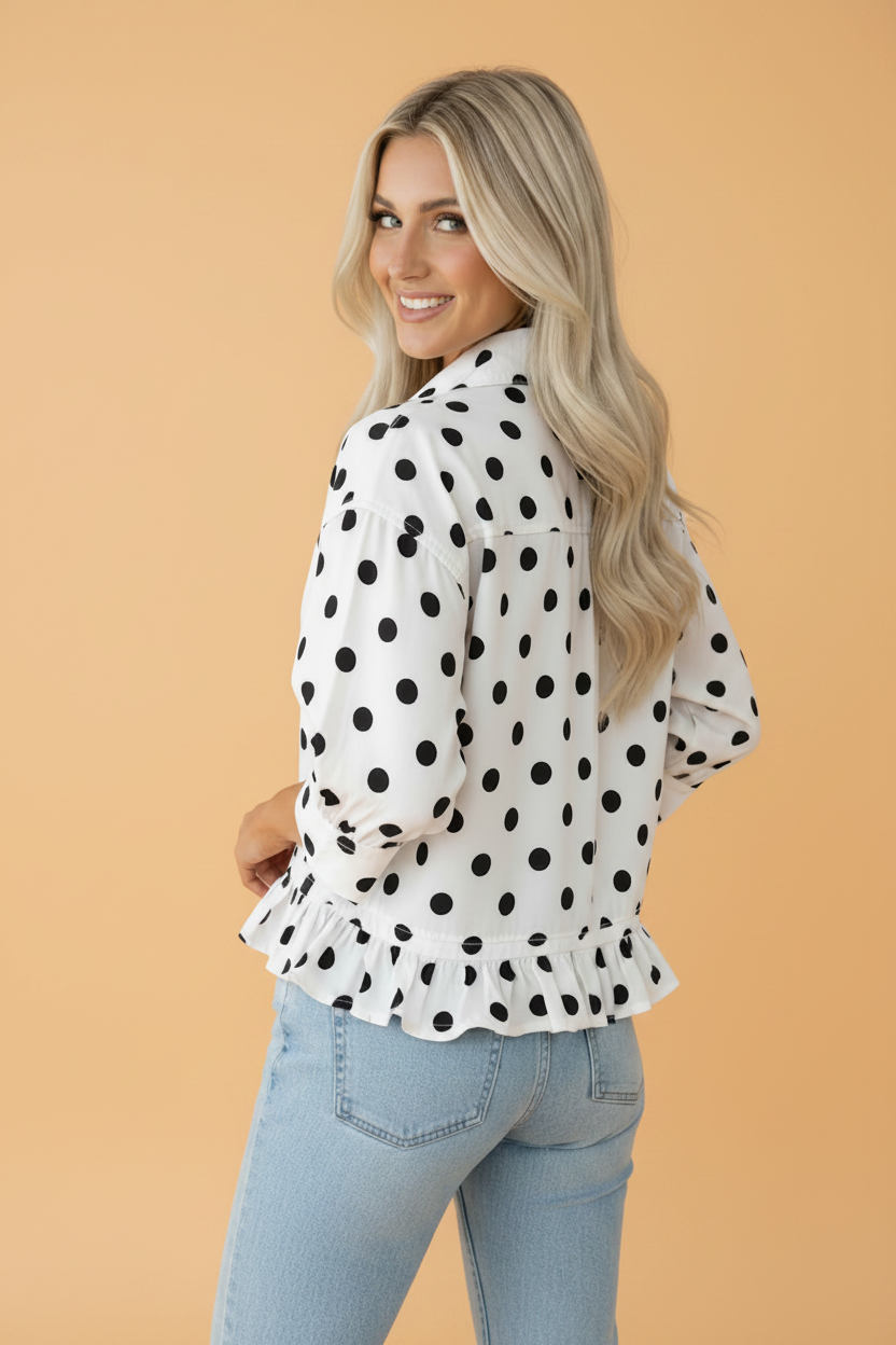 Polka Dot 3/4 Sleeve Ruffle Peplum Hem Shirt