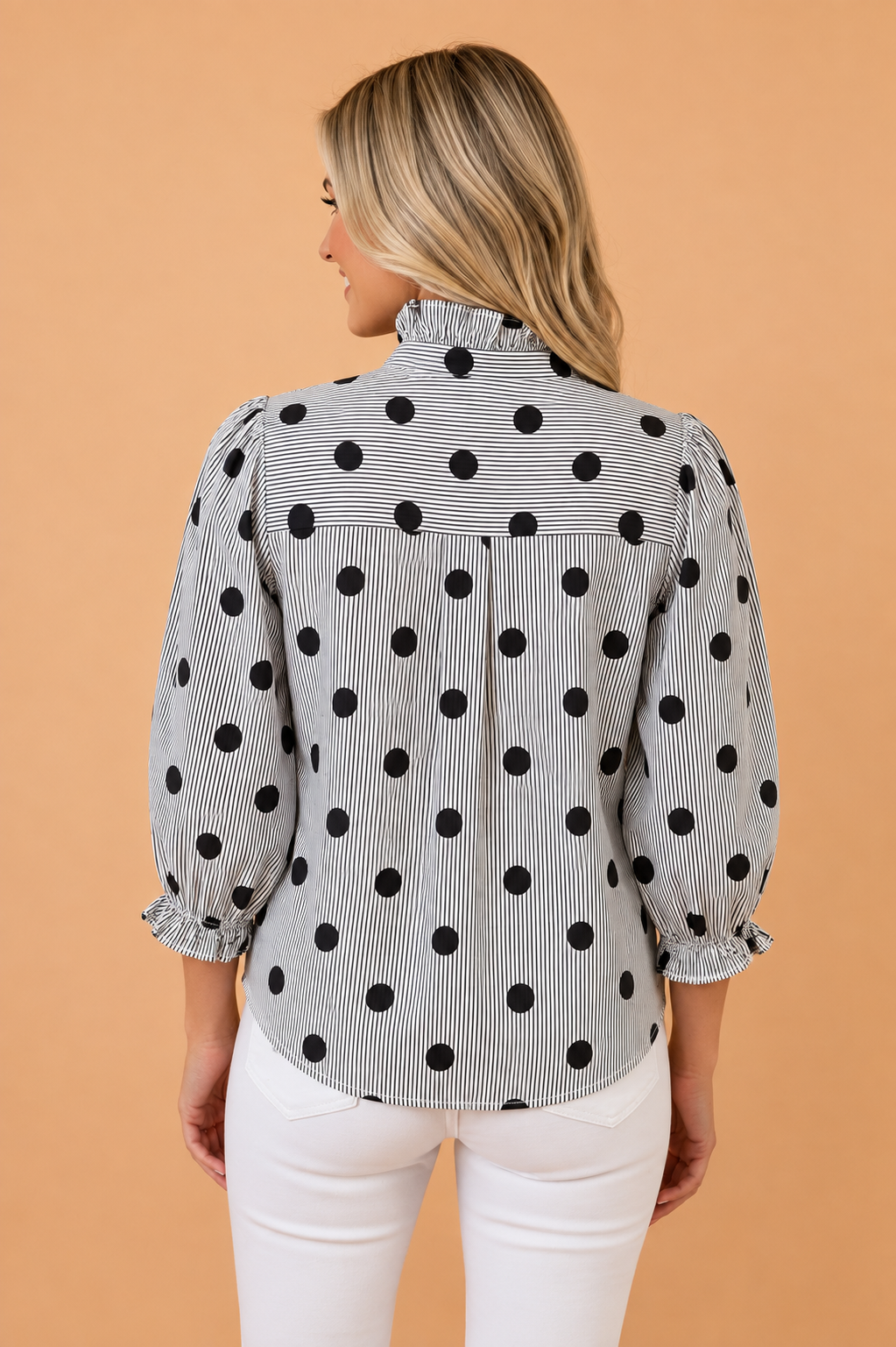 Polka Dot Stripe Ruffle 3/4 Sleeve Buttoned Shirt
