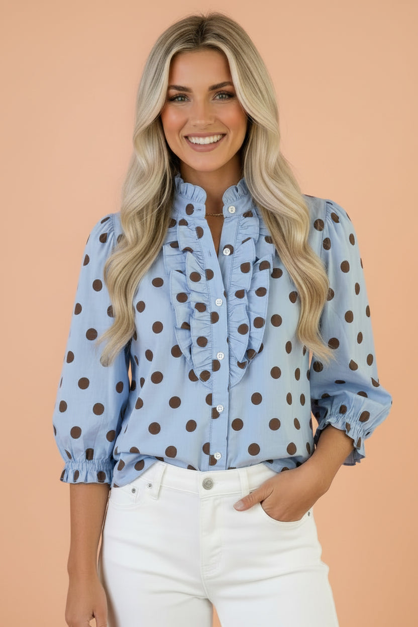 Polka Dot Stripe Ruffle 3/4 Sleeve Buttoned Shirt