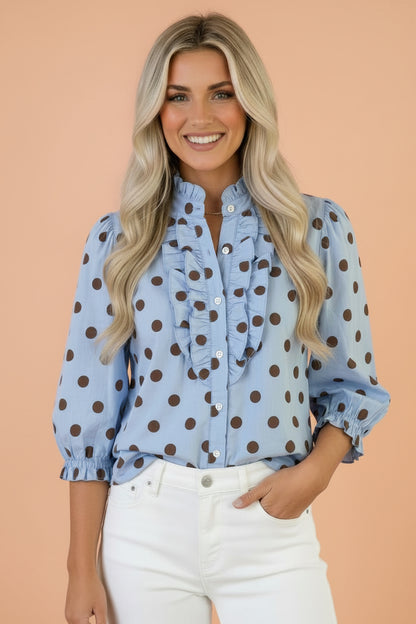 Polka Dot Stripe Ruffle 3/4 Sleeve Buttoned Shirt