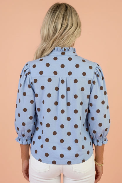 Polka Dot Stripe Ruffle 3/4 Sleeve Buttoned Shirt